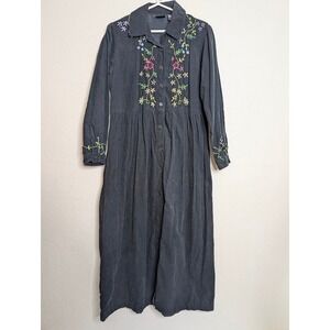 Crossing‎ Pointe Womens M Embroidered Maxi Dress Black Button Front Corduroy